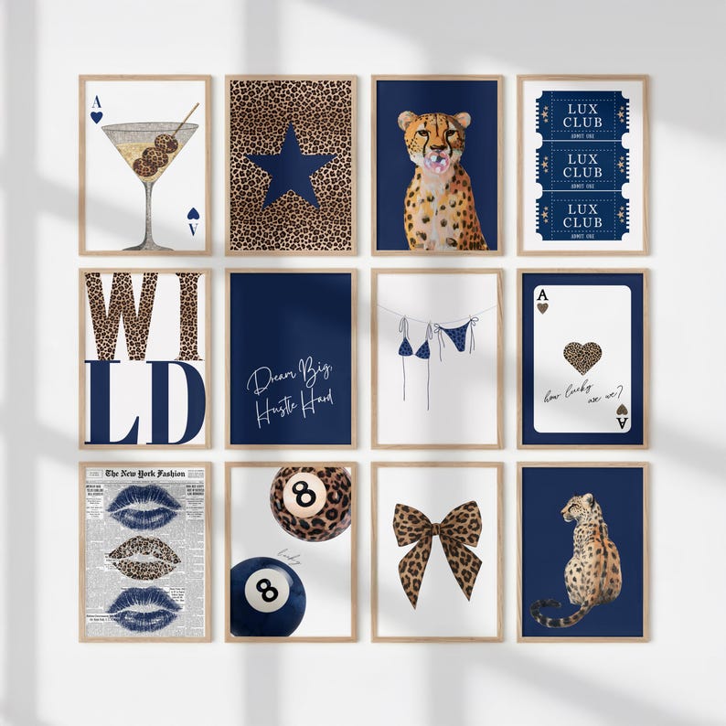 Leopard Print Navy Blue Gallery Wall Set, Preppy Cheetah Wall Art ...