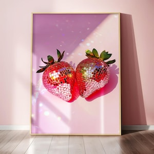Disco Strawberries Art Print, Wall Art Poster, Glam Disco Ball Fruit, Preppy Trendy Maximalist, Kitchen Decor, Digital Download, Retro Art