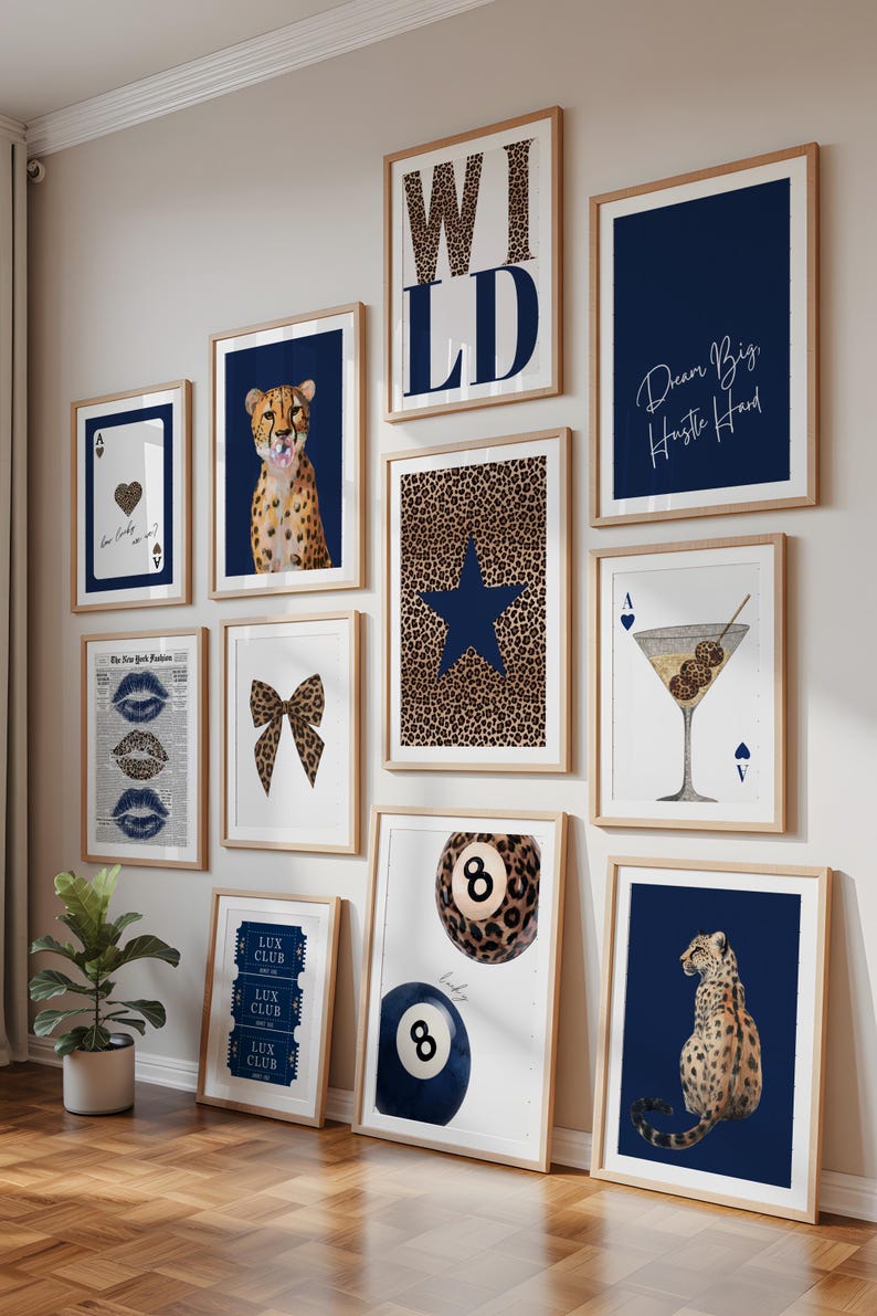Leopard Print Navy Blue Gallery Wall Set, Preppy Cheetah Wall Art ...
