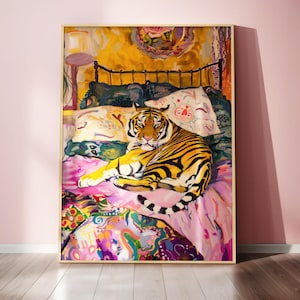 Tiger Kunst Poster, Maximalist Schlafzimmer Wandkunst, Dopamin Dekor, Lila Kitsch Ästhetik, Tiger Auf Bett Druck, Adrette Wandkunst, trendige Dekoration