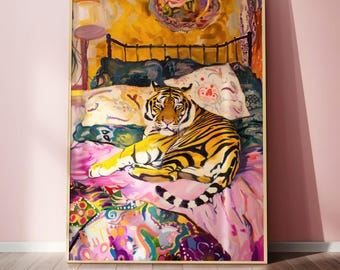 May include: A painting of a tiger lying on a bed with colorful patterned bedding. The tiger is orange and black with white stripes. The bed is made up with a pink and purple quilt and pillows with floral patterns.