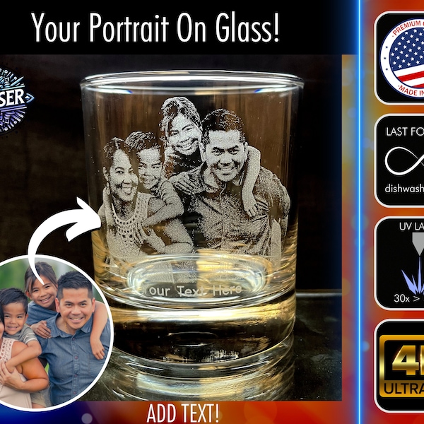 Your Family in Glass HD In 10.5oz Whiskey Glass - UV Laser 30x Better - Christmas, Pets, Weddings, Birthdays, Memorials, Graduation