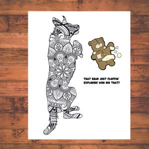 May include: Black and white line art illustration of a dog standing on its hind legs. The dog is surrounded by a mandala design. A brown teddy bear with a white bandage is standing to the right of the dog. The text "That bear just fluffin' explorer! Who did that?" is below the bear.