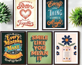 Unique Fun Retro Typography Art Prints, Wall Art Set of 5 Motivational Posters (Digital Download), Wall Hangings