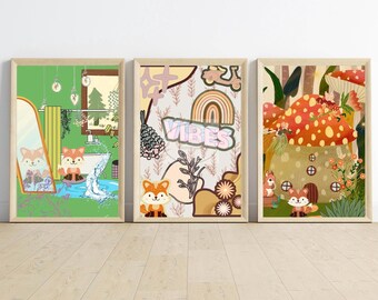 Woodland Nursery Wall Art Set of 3, Forest Animal Print, Baby Nursery Decor, Rustic Cabin Kids Room, Squirrel Fox Art, Instant Download