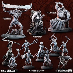 Può includere: Una collezione di miniature fantasy, tra cui Treefeller, Village Hag e The Butcher, insieme a Grim Village e Accursed Villagers. Ogni figura è finemente dettagliata e si trova su una base, perfetta per giochi da tavolo o collezionismo.