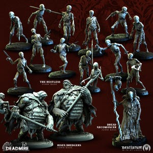 Könnte beinhalten: Eine Sammlung von Miniatur-Fantasy-Figuren, darunter Skelettkrieger und ein Nekromant. Die Figuren befinden sich in verschiedenen Posen, einige halten Waffen. Die Sockel sind 25 mm, 32 mm und 40 mm groß. Die Figuren sind mit "The Restless", "Risen Dredgers" und "Dread Necromancer" beschriftet.