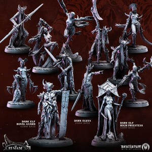 May include: A collection of gray Dark Elf miniature figures, including a Royal Guard, High Priestess, and other elves. Each figure is intricately detailed and posed with weapons or in dynamic stances. Bases range from 25mm to 40mm. The miniatures are designed for tabletop gaming.