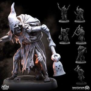 May include: A detailed miniature figure of a skeletal creature wearing a tattered hooded robe and holding a bell. The figure is posed in a menacing stance, with its arms outstretched and its head tilted back. The miniature is painted in a gray color scheme, with subtle details of bone and flesh visible.