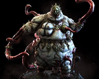 May include: A grotesque, fleshy, and monstrous figure with a crown of thorns and multiple fleshy tentacles. The figure is painted in shades of white, red, and gold. The figure is standing on a black base with a circular design.