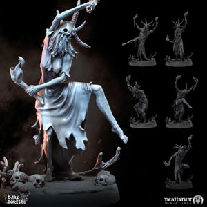 May include: A detailed, gray, 3D printed miniature of a female figure with horns, a skull mask, and a torch. The figure is posed in a dynamic dance-like position. The miniature is set on a base with skulls and branches.