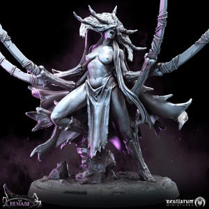 May include: A detailed miniature figure of a female fantasy character with a horned headdress, flowing hair, and a tattered garment. She is posed with outstretched arms, holding large, curved blades. The figure is in a dynamic pose, with a dark background.