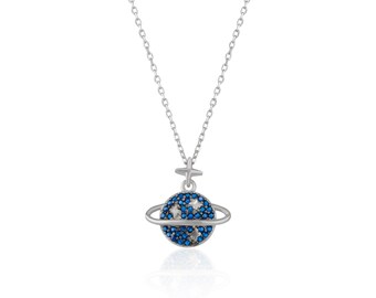 Blauwe juwelen Saturnus ketting sterling zilver