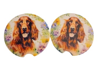 Car Coaster Pair - Dog Irish Setter with Flowers