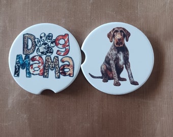 Dog German Wirehaired Terrier Sitting and Dog Mama - Car Coaster Pair