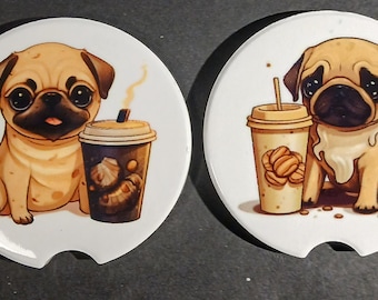 CC  Coffee Dog Pug (Pug with Coffee)  Handmade Ceramic Car Coaster Pair.