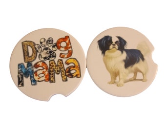 Car Coaster Pair - Dog Japanese Chin Standing and Dog Mama