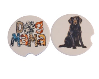 Car Coaster Pair - Dog Flat Coated Retriever Sitting and Dog Mama