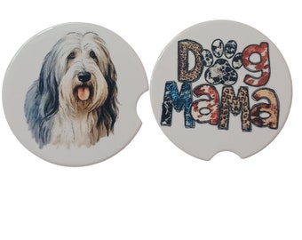 Dog Bearded Collie with Dog Mama - Car Coaster Pair