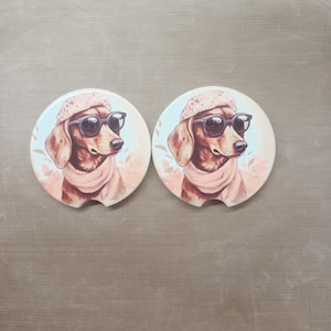 Dog Dachshund Pink Wearing Glasses - Car Coaster Pair