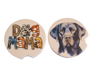 Car Coaster Pair - Dog Lab Black and Dog Mama