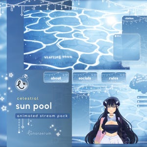Puede incluir: Un paquete de streaming animado titulado celestial sun pool animated stream pack de lunorserum, con un fondo de superficie de agua azul con reflejos de luz blancos, luces de hadas y varios paneles de interfaz para chat y alertas.