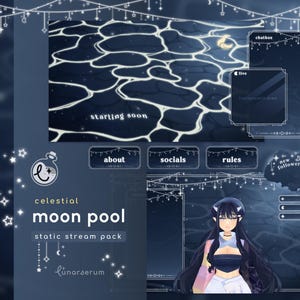 Puede incluir: Un paquete de transmisión digital con un tema de piscina lunar celestial. El diseño presenta un fondo azul oscuro con reflejos de agua, un avatar de dibujos animados y texto que dice "starting soon", "about", "socials", "rules" y "new follower".