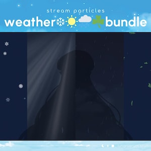 Puede incluir: Un gráfico de arte digital con las palabras "weather bundle" y "stream particles". La imagen está dividida verticalmente, con un lado azul oscuro con copos de nieve y una silueta, y un lado más claro con lluvia y una silueta.