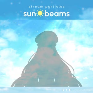 May include: A digital art piece featuring a silhouette of a person with long hair against a blue sky with clouds and stars. The text "stream particles sun beams" is at the top. The image has a dreamy, ethereal quality.