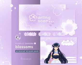 May include: A digital art stream pack with a purple sakura blossoms theme. The design includes a starting soon screen, a profile display, and various interface elements. The pack features a soft purple color palette with white accents and floral motifs.