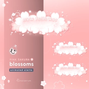 May include: Pink Sakura Blossoms animated alerts. The image features a soft pink background with white cherry blossom cloud designs. Text includes "new follower", "new cheer", and "new member". The logo is a stylized letter "L" with a star.