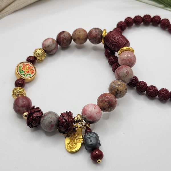 Cinnabar Bracelet with Lotus, hematite Buddha, and Prayer bead