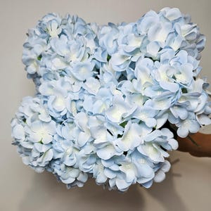 Pu&ograve; includere: Un mazzo di fiori di ortensia artificiali di colore azzurro chiaro. I fiori sono disposti a grappolo e hanno un aspetto morbido e delicato.