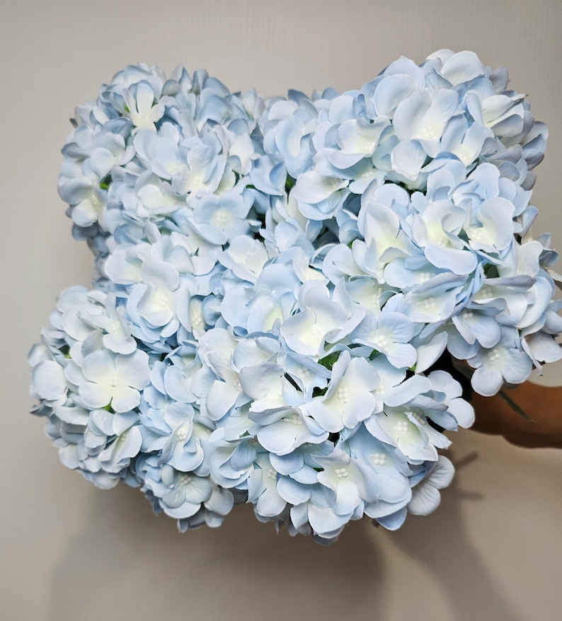 Pu&ograve; includere: Un mazzo di fiori di ortensia artificiali di colore azzurro chiaro. I fiori sono disposti a grappolo e hanno un aspetto morbido e delicato.