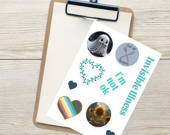 Invisible illness sticker sheet, Invisible disability, Stickers laptop, Chronic illness, Sticker pack, Gift for friend, Self-care gift