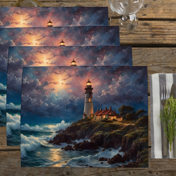 Beautiful lighthouse placemat set, Lake lovers gift, Father's day gift, Dining room linens, Nautical decor, Kitchen table set, Gift for Mom