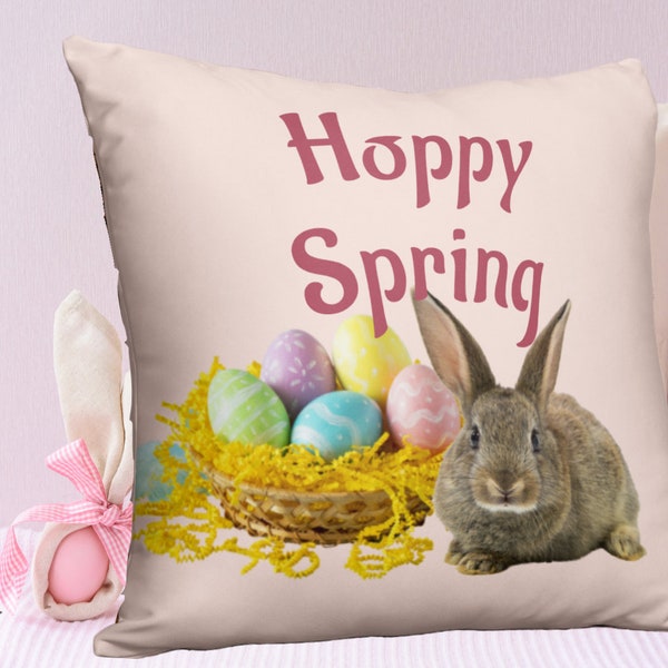 Hoppy Spring kussensloop, Pasen kussensloop, Roze decor, Cadeau voor moeder, Cadeau voor oma, Bunny kussensloop, Kussen voor bank