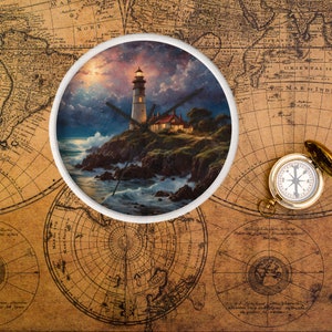 May include: A white clock with a lighthouse scene. The clock face features a lighthouse on a rocky cliff with waves crashing against the shore. The sky is a dark blue with stars and a full moon. The clock hands are black.