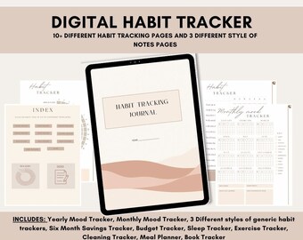 May include: Digital habit tracker with 10+ different habit tracking pages and 3 different styles of notes pages. The pages include a habit tracking journal, index, yearly mood tracker, monthly mood tracker, six month savings tracker, budget tracker, sleep tracker, exercise tracker, cleaning tracker, meal planner, and book tracker.