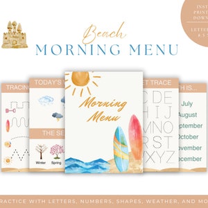 Menu du matin sur le thème de la plage pour les enfants d'âge préscolaire | Livre occupé Activités | Menu du matin pour l'école maternelle préscolaire imprimable | Pages du menu du matin
