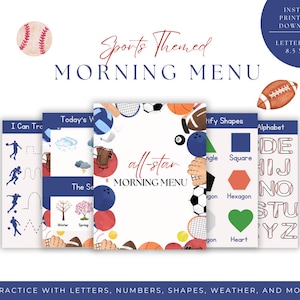 May include: A set of printable educational worksheets with a sports theme. The worksheets include activities for tracing, identifying shapes, and learning the alphabet. The worksheets are designed for children and feature colorful illustrations of sports equipment and athletes.