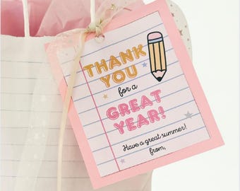 Printable Teacher Gift Tag | End of Year Thank You Tag | Cute School Theme | Instant Download | Teacher Appreciation Gift Tag