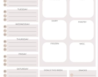 Menu Plan & Prep, Grocery Lists, Diet, Fitness, Health, neutral, Meal Planner Printable, Weekly Food Diary, Meal Tracker, Food Planner