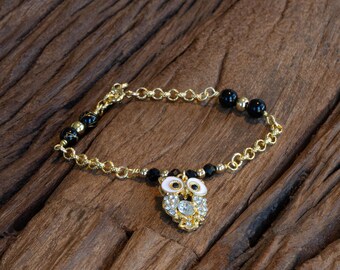 Handmade Owl Bracelet Gold Chain Black Beads Crystal Charm Dainty Jewelry Gift
