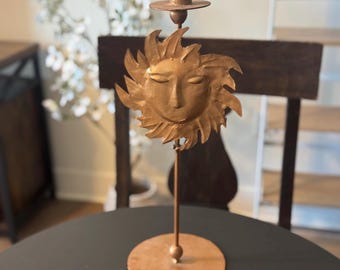 Celestial Sun Face Vintage Rustic Metal Sunburst Candle Holder
