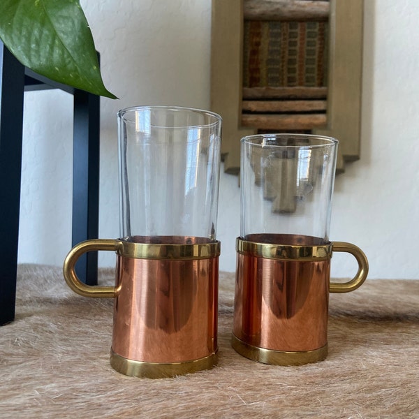 Copper and Brass Glasses Set of 2 Vintage Beucler Glass Turkish Espresso Coffee Cups Vintage Coffee Bar Drinkware