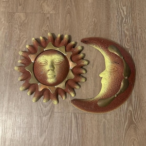 Vintage Sun and Moon Face Wall Decor Set, Clay and Brass Sun Moon