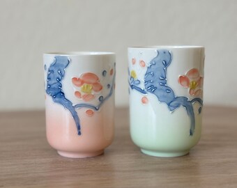 Hand Painted Yunomi Cups Set of 2 Japanese Vintage Porecelian, Embossed Painting