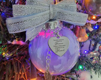 Memorial christmas baubble, loss baubble, christmas memorial ornament,misscarriage ornament, piece of heart in heaven, rip baubble, feather