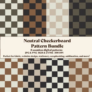 May include: A digital download of eight seamless checkerboard patterns in brown, black, and beige. The patterns are perfect for fabric, website design, stationery, scrapbooking, and sublimation.